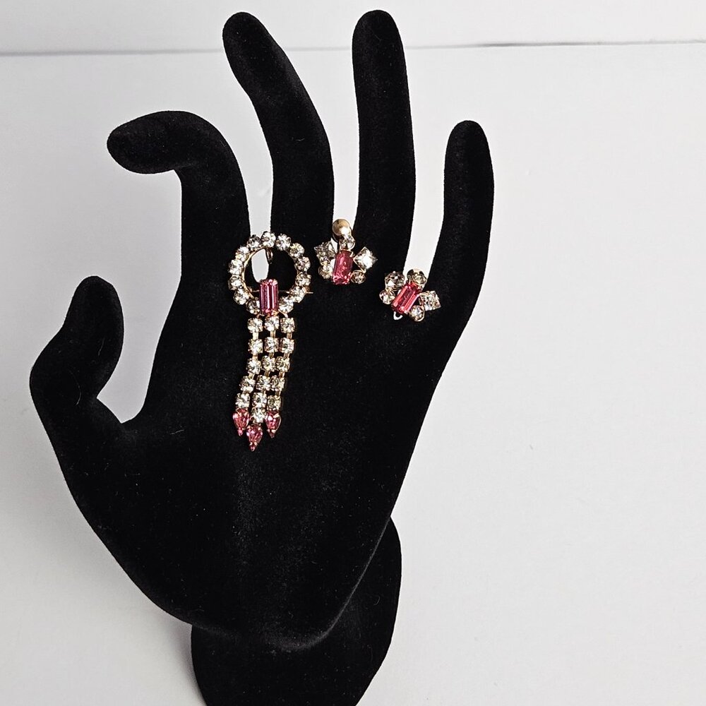 Vtg Marks & Spencer 12K Gold-Filled Rare Pink Rhinestone Brooch & Earrings Set